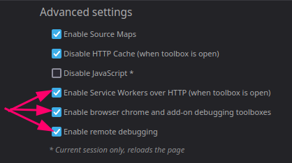 the settings are Service Workers over HTTP, browser chrome and add-on debugging, and remote debugging